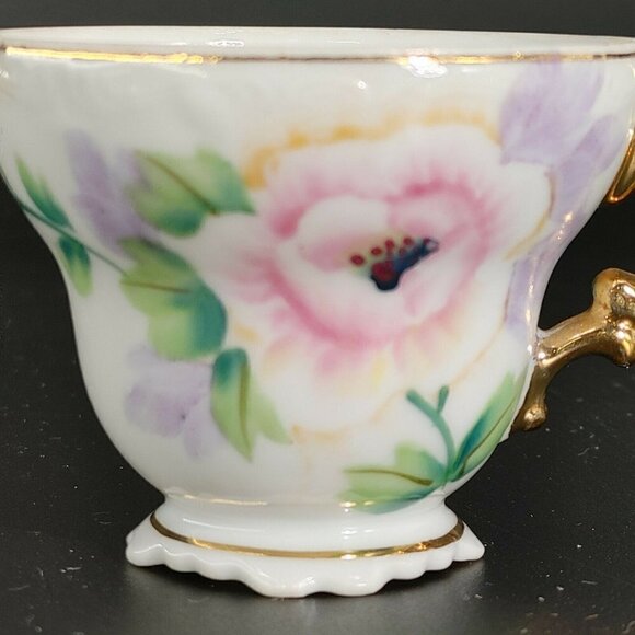 Vintage White Pink Floral Porcelain Golden Rim Footed Tea Cup With Handle - Picture 2 of 10